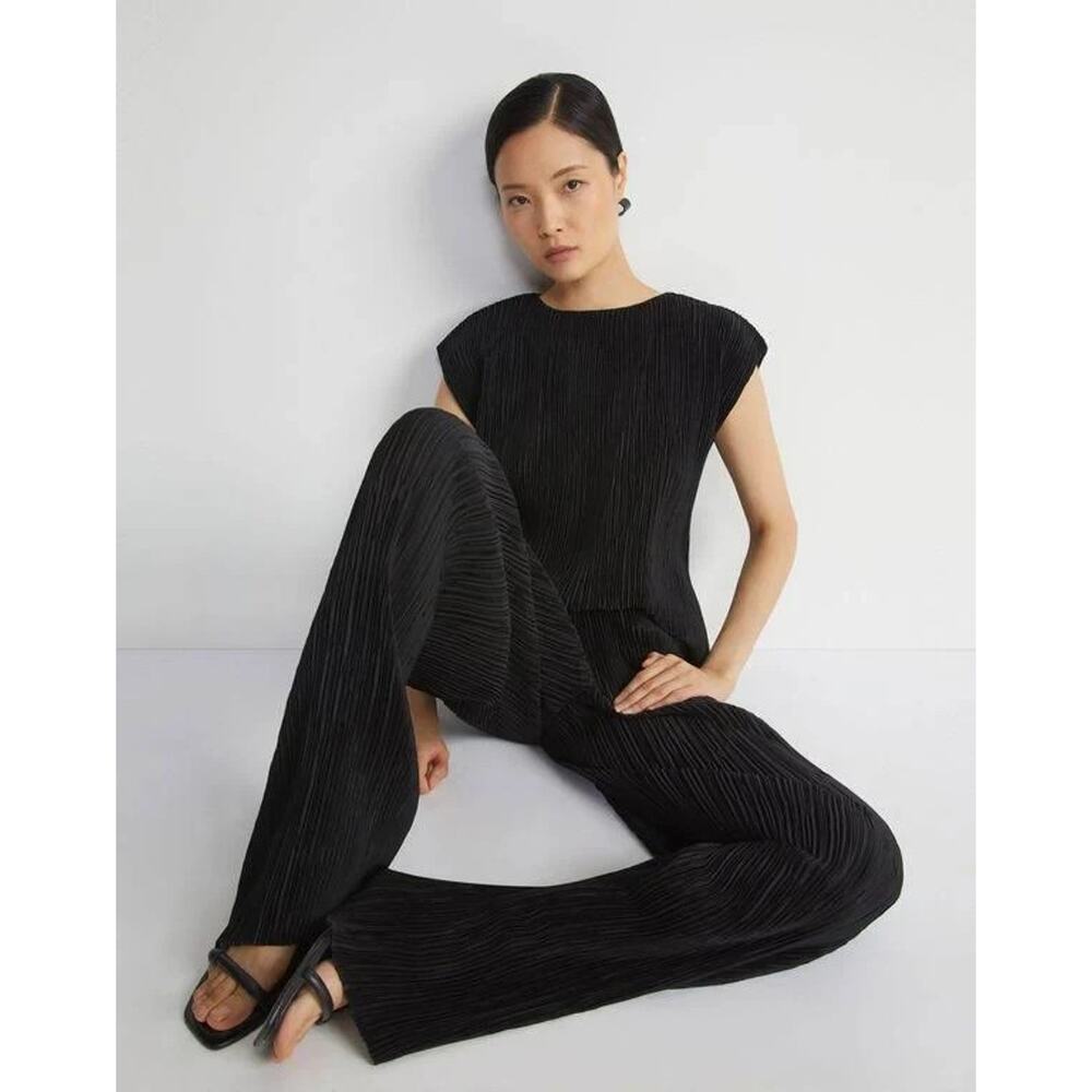 Lafayette 148 NY Dolman Blouse Top Shirt Black Pleated Cap Sleeve Plisse Boat M - Picture 3 of 10